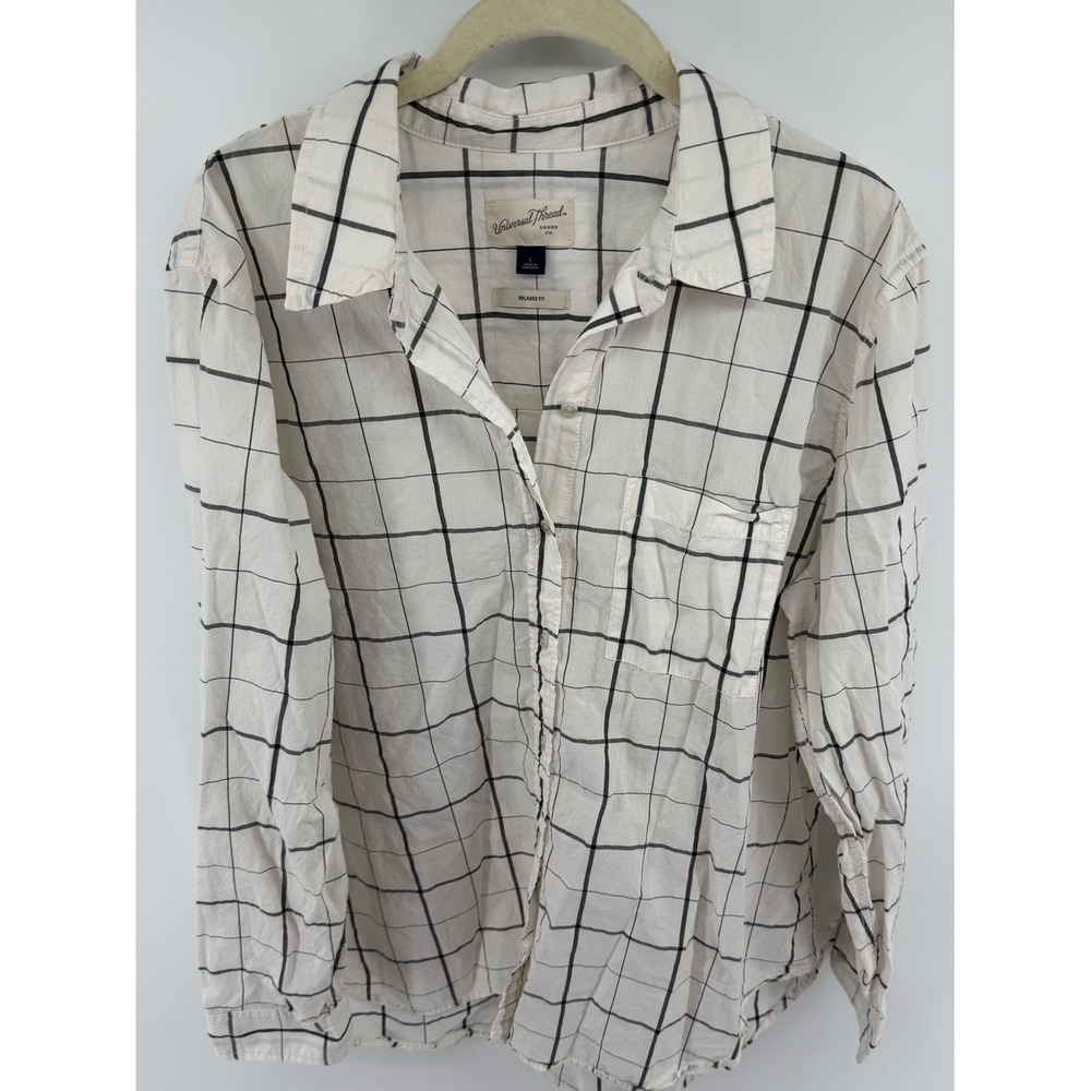 Universal Thread Relaxed Fit Windowpane Plaid Cotton Button Down Shirt White L